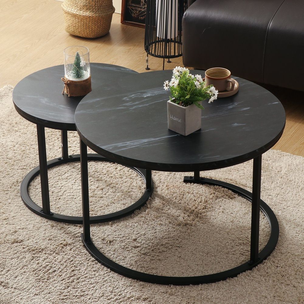 KAHOO Couchtisch Runder Kaffeetisch, 2tlg. mit Marmormuster, 70x45cm+50x40cm, Schwarz
