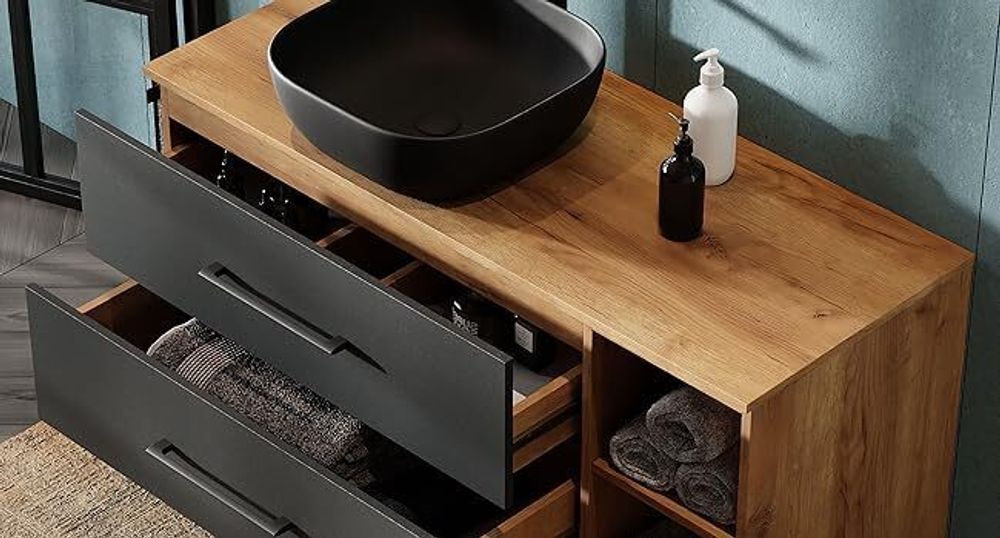Planetmöbel LUX Waschtischunterschrank 100 cm hängend ohne Aufsatz-Waschbecken Gold Eiche/Anthrazit