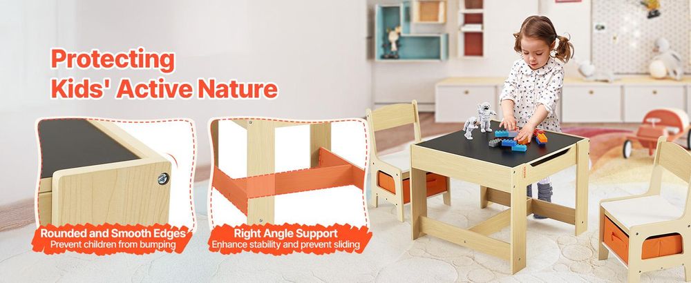 VEVOR Kinder Tisch- und Stuhlset, Holz-Aktivitätstisch mit Stauraum und Boxen, Spieltisch für Kleinkinder zum Malen, Basteln, Lesen, Lernen, Kreidetafel Tisch mit 2 Stühlen-a, Naturholzton