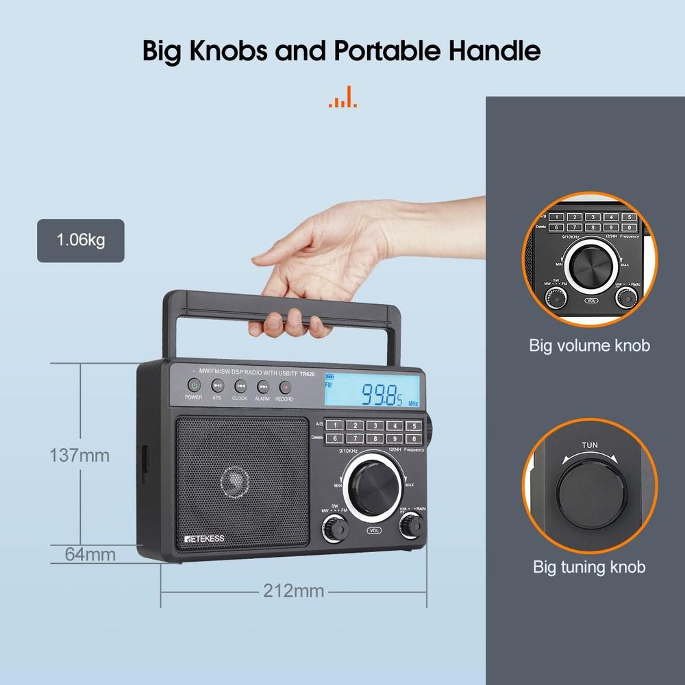 Retekess TR629 Tragbares Radio, AM FM SW Weltempfänger Notfallradiomit DSP, Unterstützt U Disk/SD-Karte, Uhr, Wecker, Radio Batteriebetrieben, Geschenke für ältere Menschen