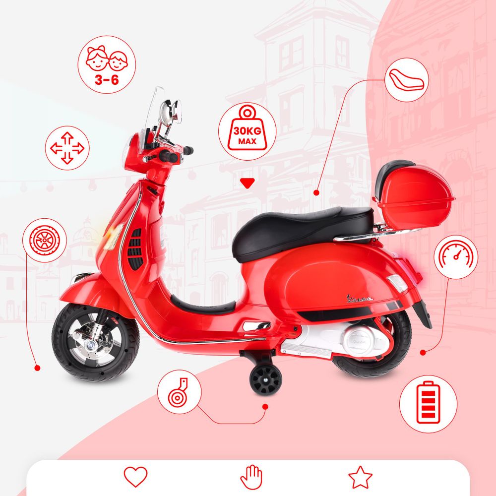 Vespa eléctrica infantil con iconos de características y límites de edad y peso