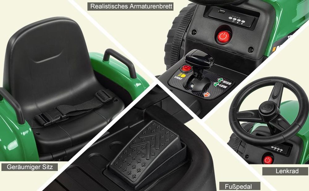 FCH 12V 7Ah Elektrotraktor mit abnehmbarem Anhänger und 2,4G Fernbedienung, Kinder Aufsitztraktor mit LED Lichtern, Musik, Hupe & USB Funktionen, Arme