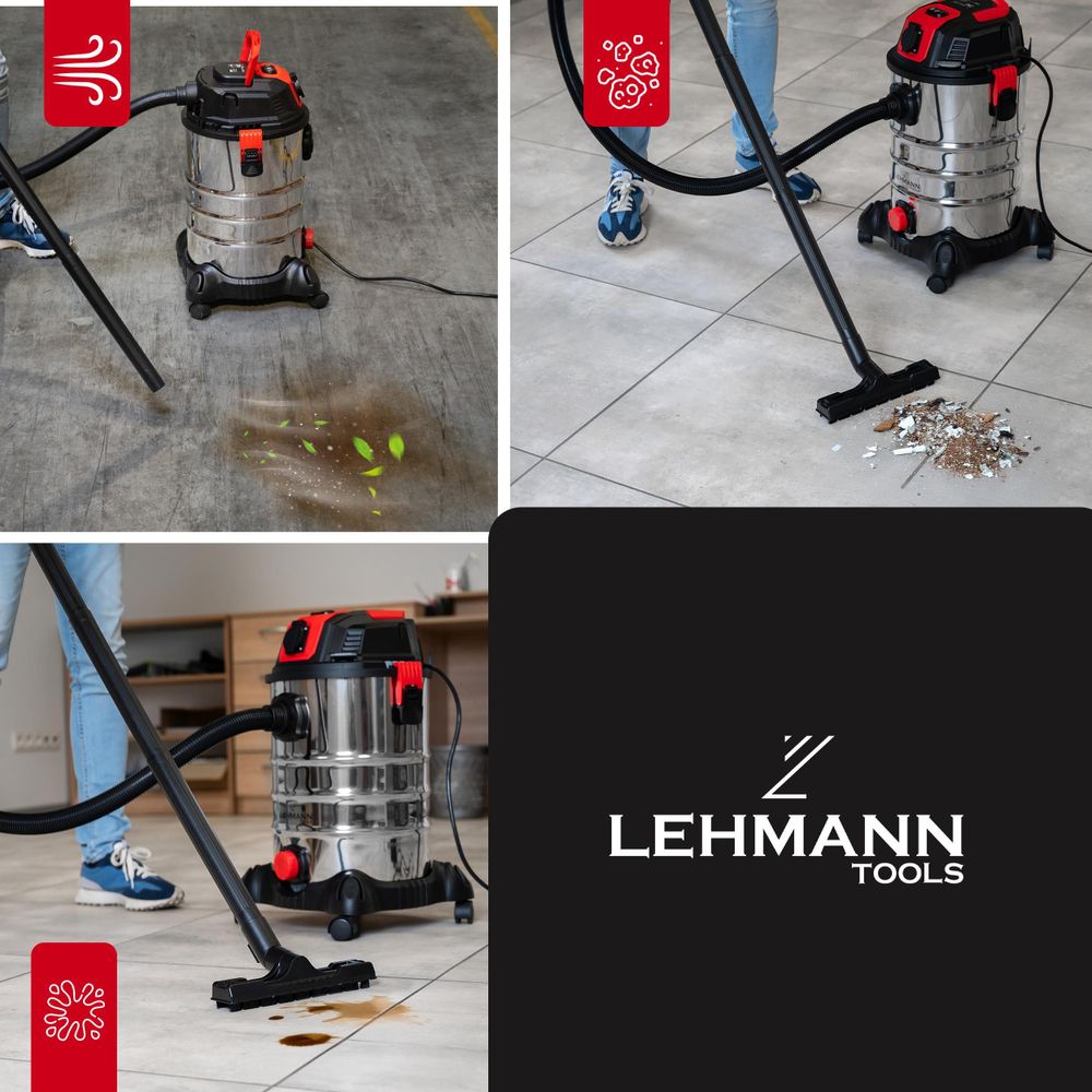 Odkurzacz przemysłowy Lehmann Force 1500W 30L Sucho Mokro HEPA Gniazdo do elektronarzędzi Otrząsacz Spust wody Aluminiowy zbiornik Dmuchawa do liści