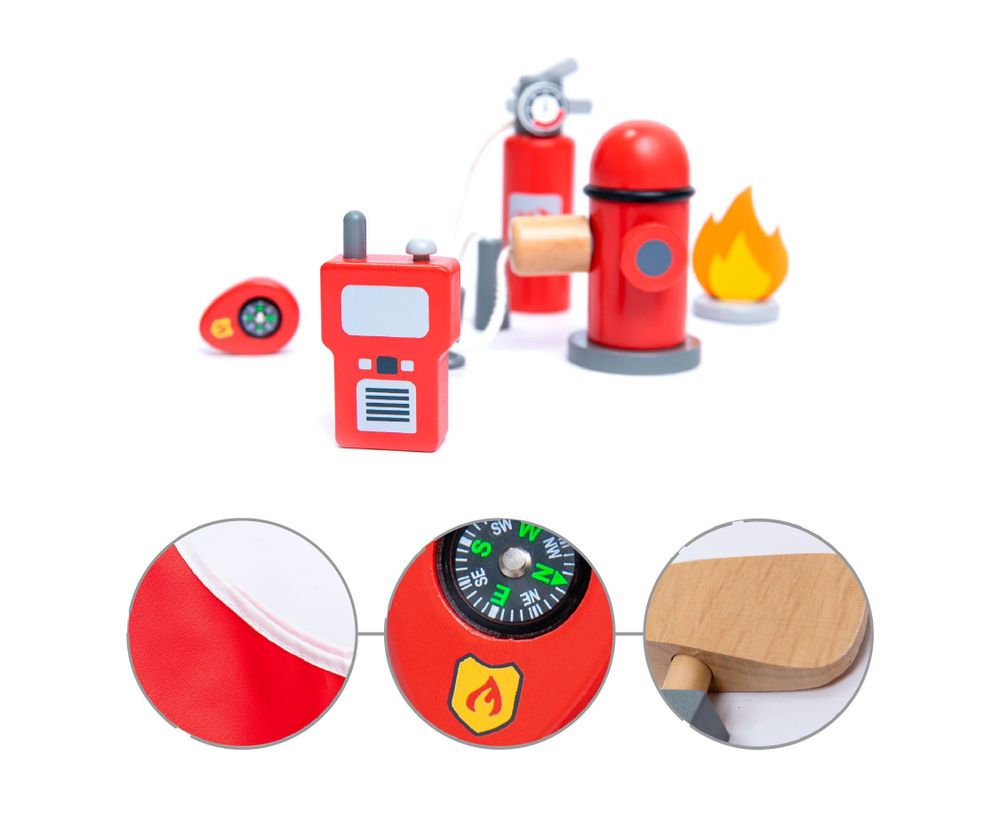 Holzzubehör, Textilkostüm und funktionale Details des UMU Feuerwehr-Sets