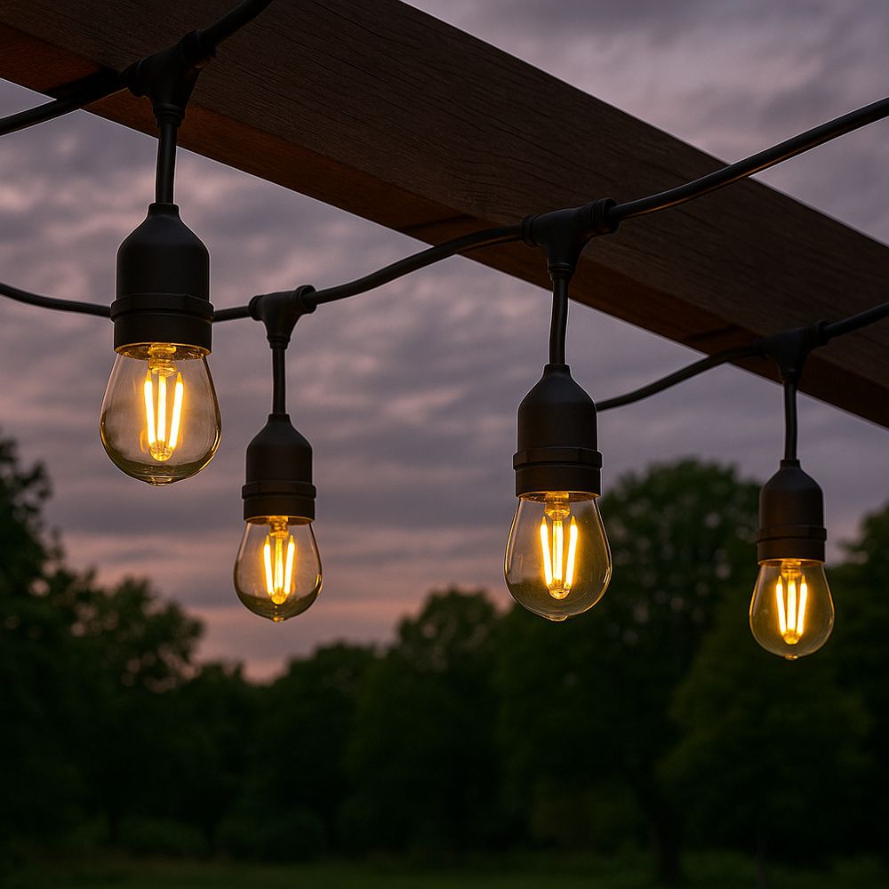 Gartenlichterkette, einfach anschließen, warmes Glühbirnenlicht in der Dämmerung.