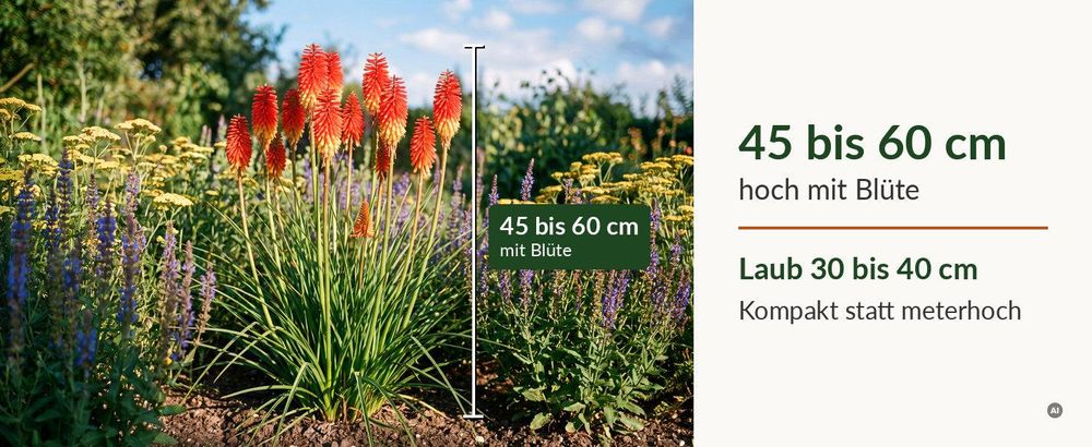 Kniphofia 'Papaya Popsicle' mit Maßbalken: 45 bis 60 cm mit Blüte