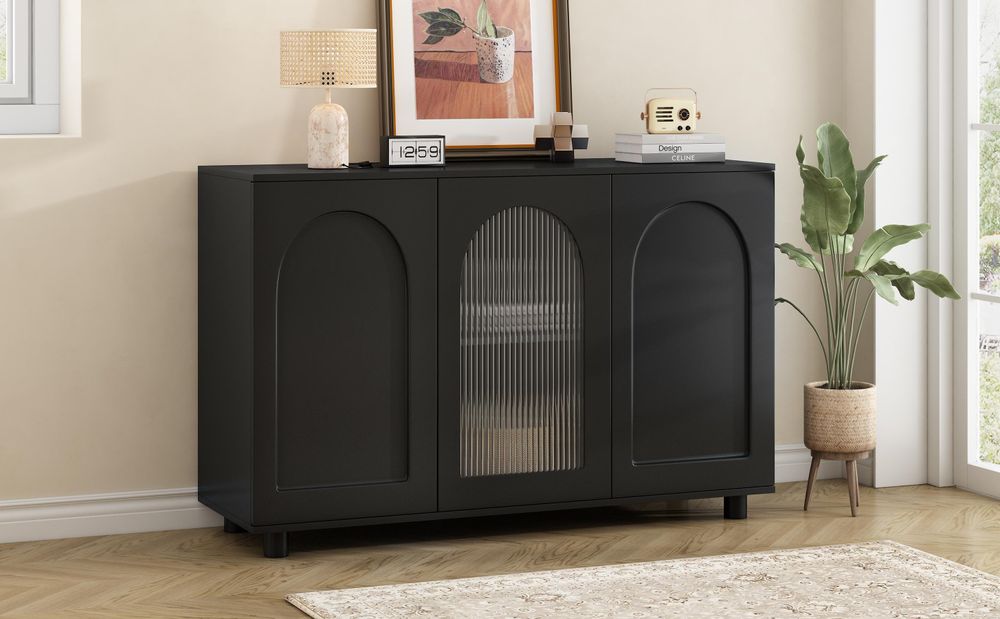 Merax Kommode Sideboard Modern, 3 U-förmiges Tür, inkl. Glastür, Push-to-Open, Esszimmer, Küche & Wohnzimmer, 120 cm Kommode, Schwarz