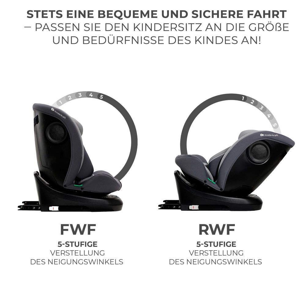 Kinderkraft I-GROW i-Size - Kindersitz 40-150 cm - 360° - RWF/FWF - H-GUARD - ISOFIX - TOP TETHER - 5-Punkt-Gurt - Verstellbare Kopfstütze - Grau