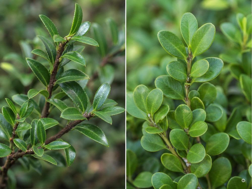 Seite-an-Seite-Makro: links gesundes Ilex-Blattwerk, rechts zum Verwechseln ähnliches Buchsbaum-Blat