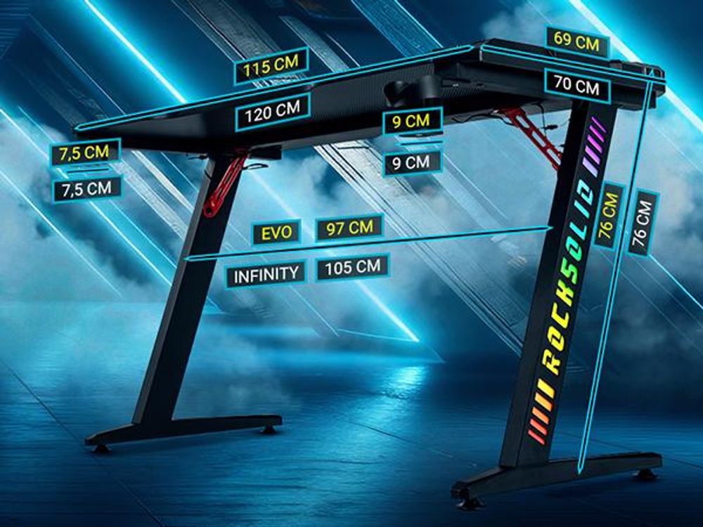 Elite Gaming Schreibtisch | Computertisch - Gamingtisch - Bürotisch - Tisch - RGB-Beleuchtung - Controller-, Headset- & Getränke Halterung 115 x 69 cm