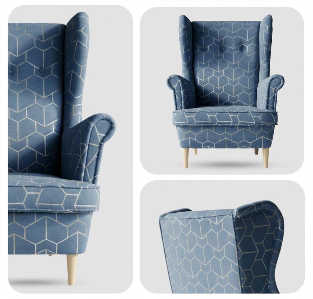 Ohrensessel mit Hocker ARI Design – skandinavisches Set, Velours-Print Blau, Family Meble