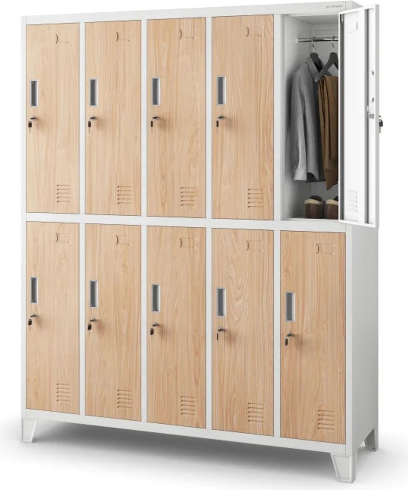 Umkleideschrank 5B2A Spind Spint Schließfachschrank Metallschrank mit 10 Fächern Etikettenhalter Lüftungsschlitze Metall Pulverbeschichtet 172 cm x 136 cm x 45 cm (H x B x T) Farbe: Weiß-Holzoptik