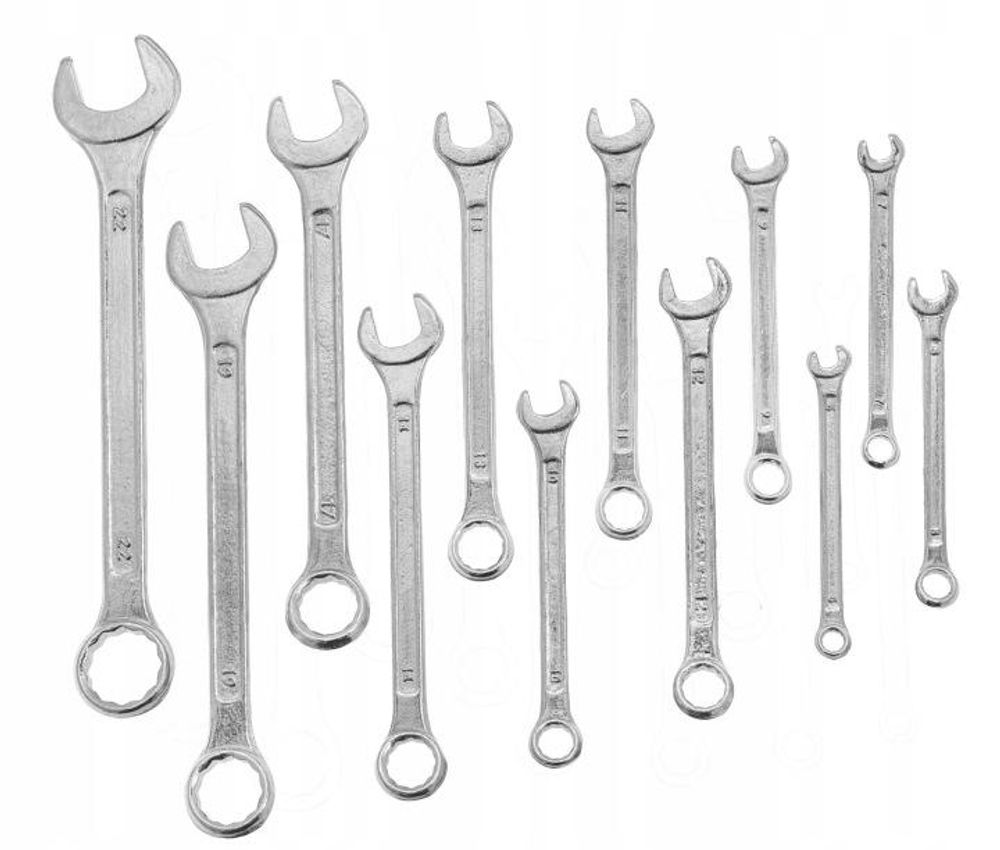 Klucze oczkowo-płaskie, 12 szt, 6-22 mm, zestaw, CrV, ocynkowane