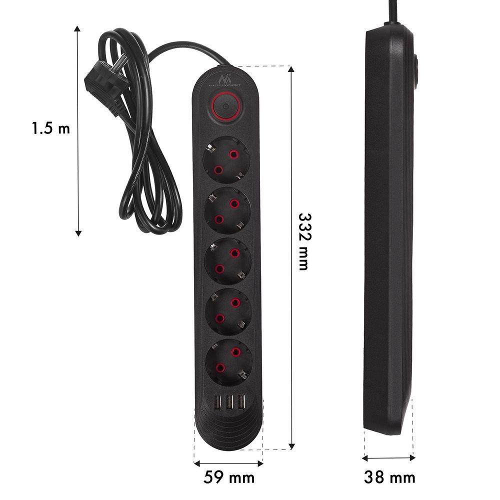 Maclean Steckdosenleiste 5 Steckdosen-Verlängerungskabel + 3xUSB 110-240V AC 50/60Hz 2,1A max 2500W 1,5m schwarz MCE395 B