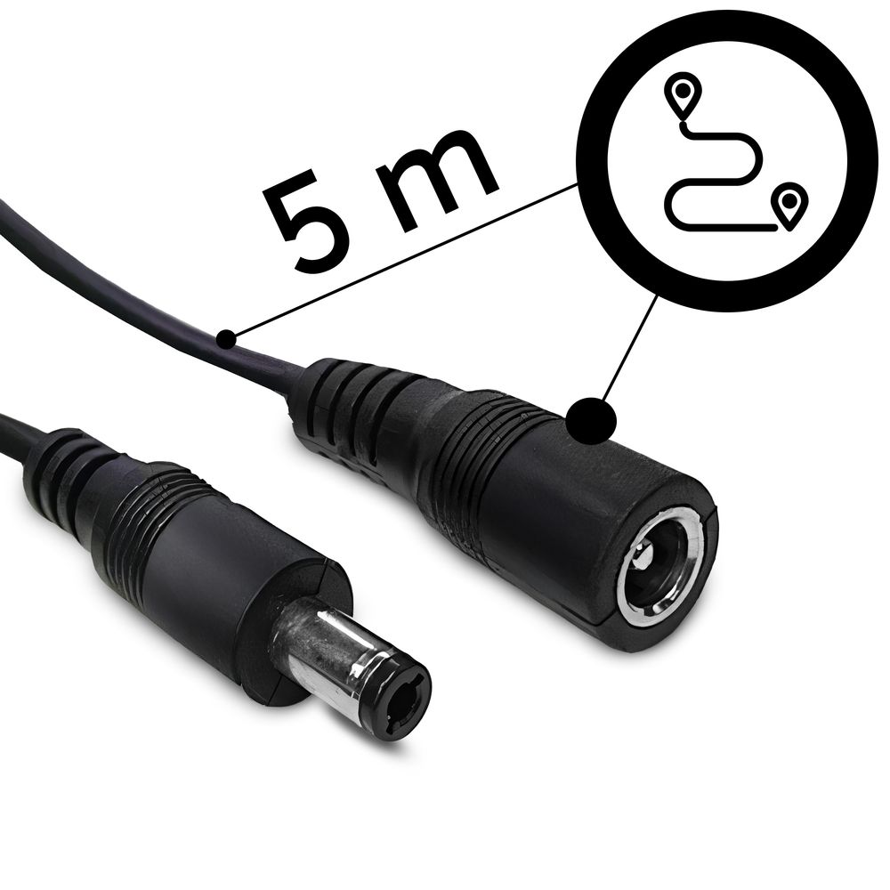 Verlängerungskabel, DC Stecker, 5,5 x 2,1mm, 12V 2A, Starkstromkabel, Gummi-Kabel, Witterungsbeständig, für Innen- und Außenbereich, 5m Schwarz Retoo