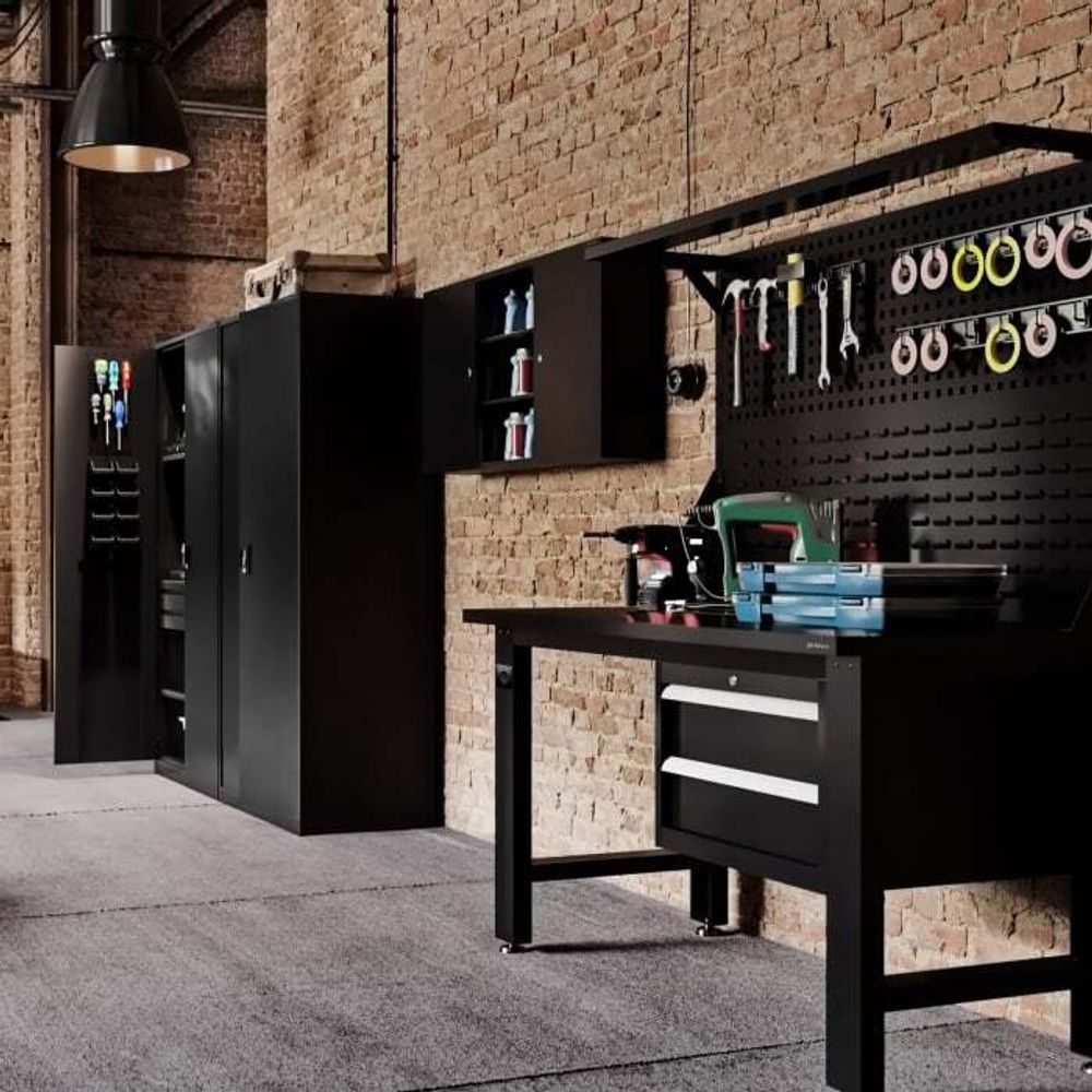 Werkbank mit Lochwand Werktisch Arbeitsplatte mit 2 Schubladen Metall, 150 cm x 170 cm x 75 cm, Farbe: Schwarz