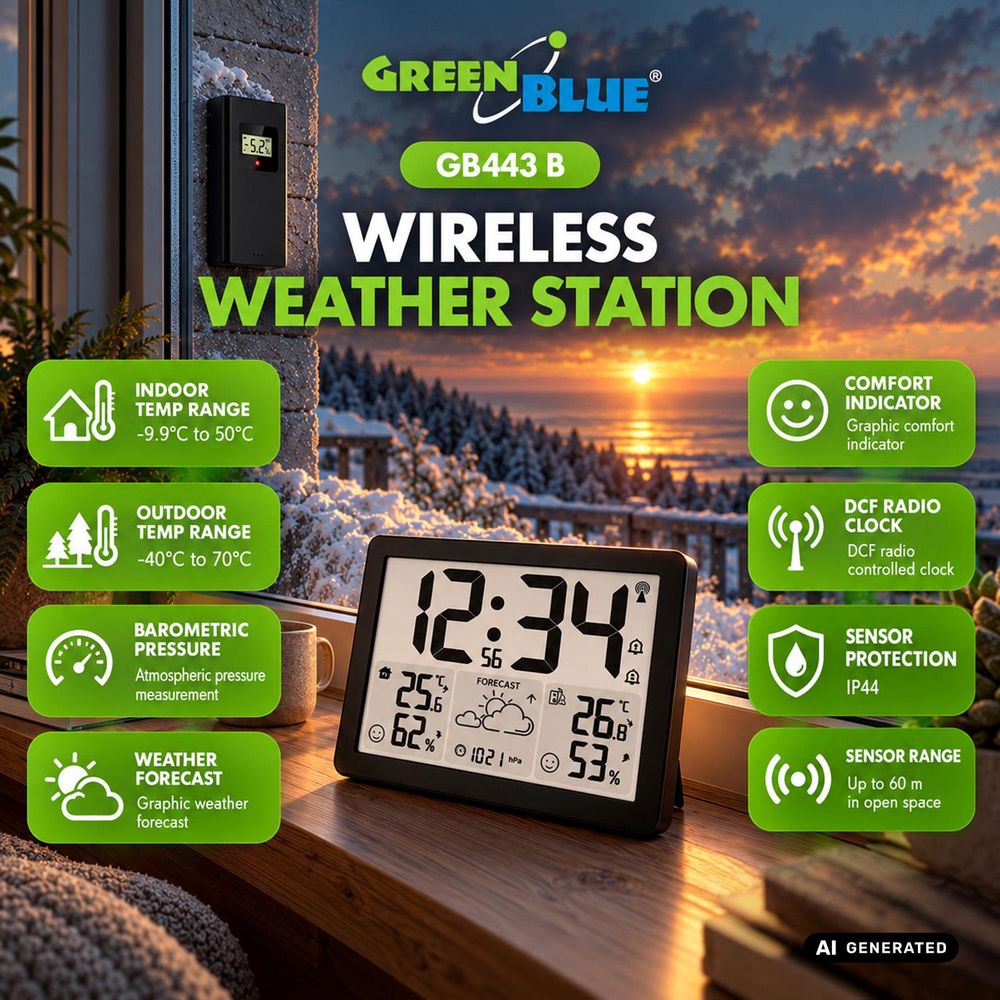 GreenBlue GB442 W Wetterstation, Temperatur & Luftfeuchte innen/außen, 60 m