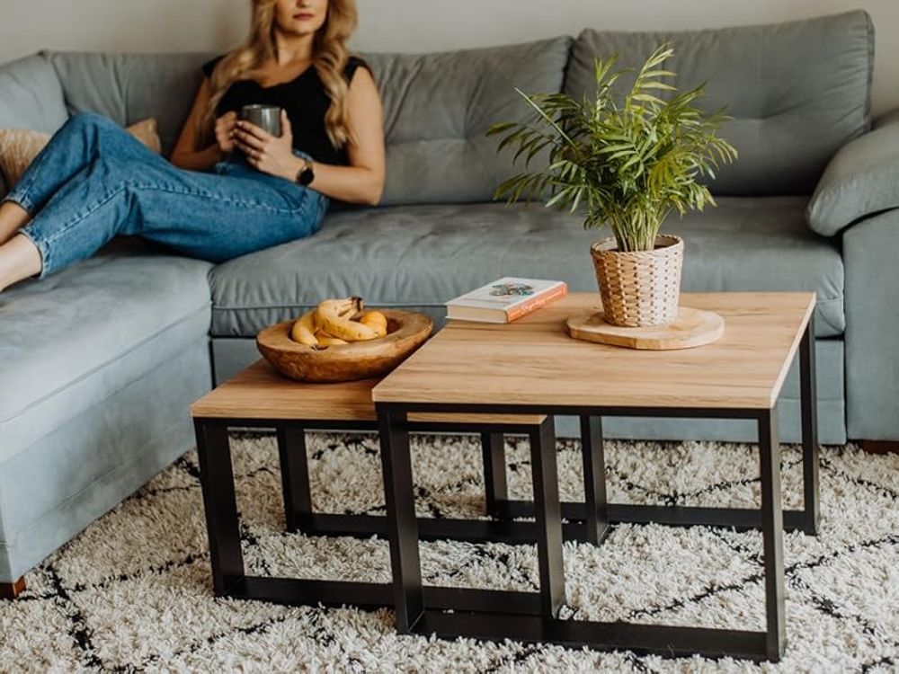 Lehmann Couchtisch 2er Set in 2 Größen für das Wohnzimmer, mit Holzplatte und schwarzem Gestell