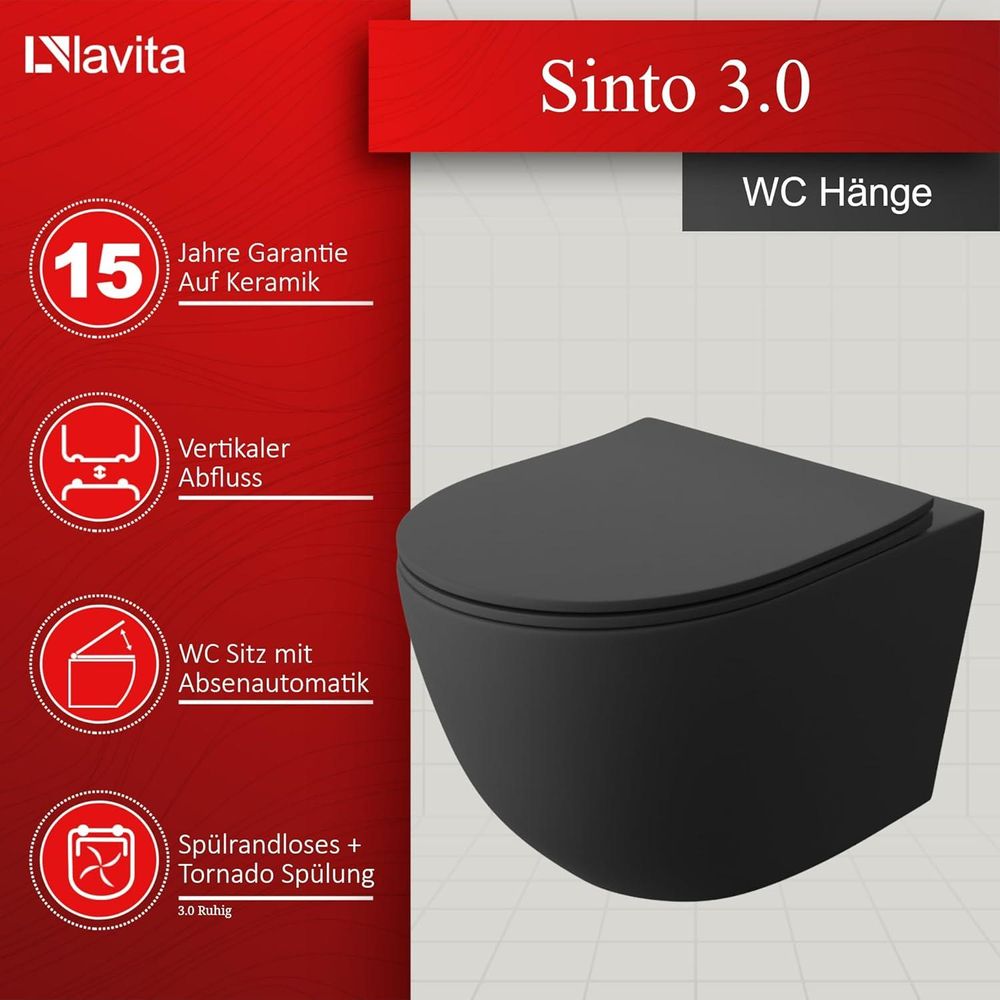 LAVITA Wand-WC Sinto Black | Hänge Toilette | Toilettendeckel mit Absenkautomatik & Metallscharniere | Toiletten Spülrandlos Hängend | Spülsystem TORNADO 3.0 | Toilettenbecken | Schwarz