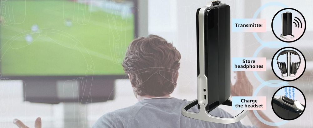 Retekess TA007 Bezdrátová sluchátka k televizi, nabíjecí stanice s vysílačem 2,4 GHz, dosah 60 m, kompatibilní s Bluetooth, sluchátka k televizi pro seniory, fotbalový zápas