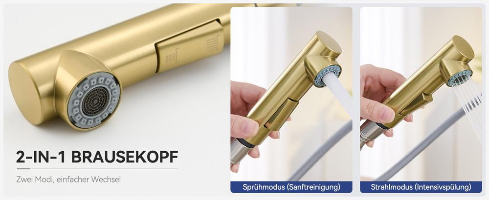 Spültischarmatur Ausziehbar L-Form, Cecipa Wasserhahn Küche, 304 Edelstahl Küchenarmatur, 2 Strahlarten, 360° Drehbar, Hochdruck, Gebürstet Gold