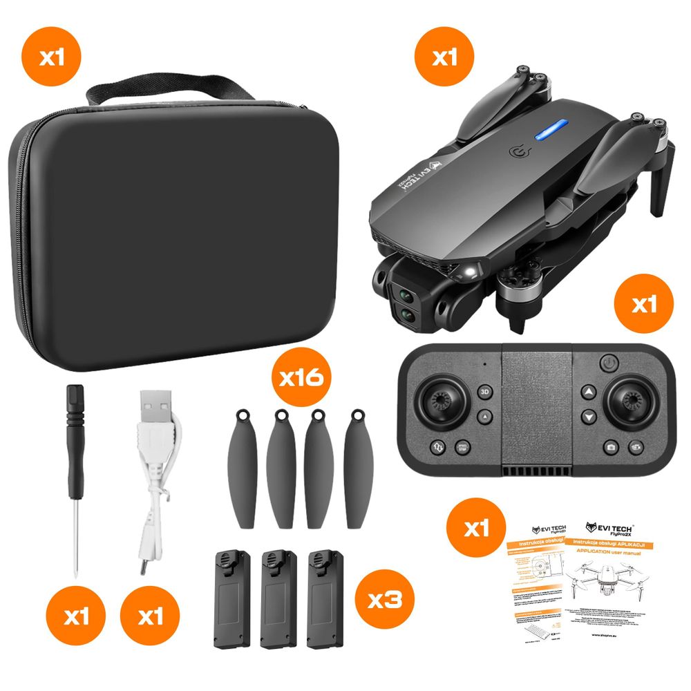 Drohne mit 2 Kameras & Brushless Motor, FlyPro2X Spielzeug Quadcopter für Anfänger, 30 Min Flugzeit (3 Akkus), FPV WiFi & Koffer, EVI TECH Service PL