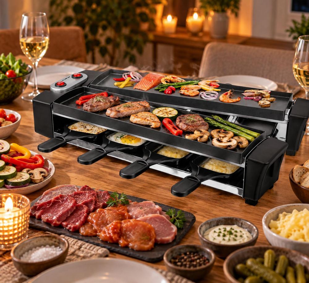 Schwarzer Raclette-Grill mit Gourmetfleisch, Gemüse und Käse auf einem gemütlich gedeckten Tisch.