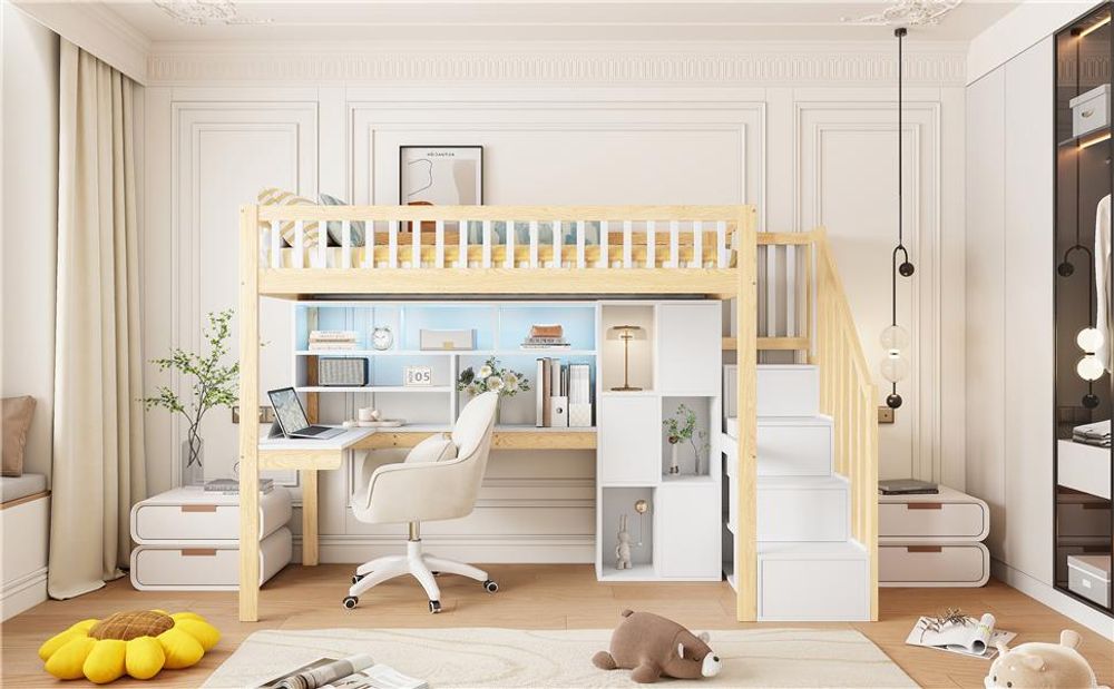Merax Etagenbett Hochbett 90x200 cm, mit LED-Leuchten, Schreibtisch, Regalen, Stauraumleiter, Kinderbett aus Holz, Stockbett, Weiß+Natur