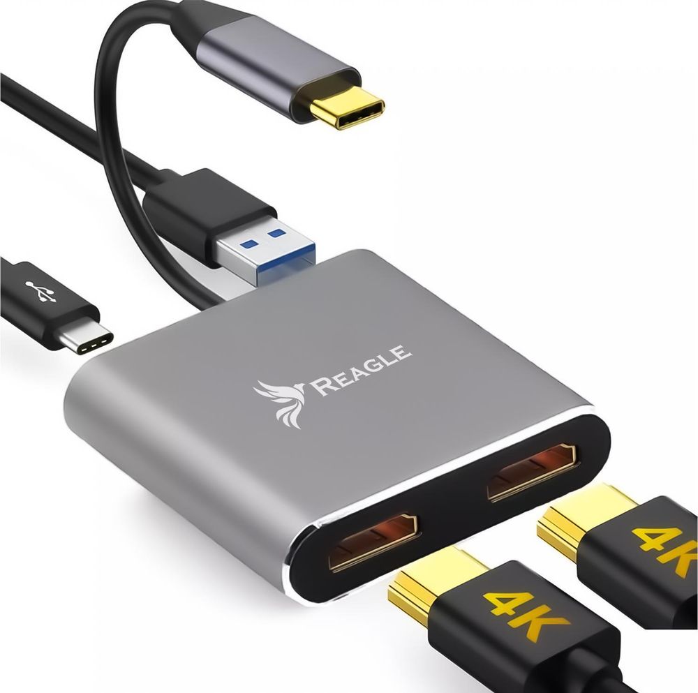 Reagle USB C Adapter Hub mit 2 HDMI 4K PD 100W USB 3.2 Gen 1 Aluminium