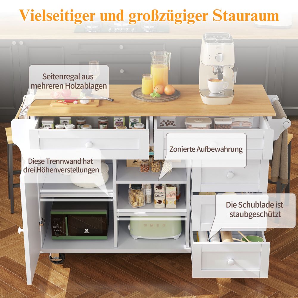 Flieks Servierwagen Küchenwagen mit Rollen & Holzbeinen, Kücheninsel Küchentrolley mit Verstellbaren Regalen, Küchenschrank Speisewagen, Weiß