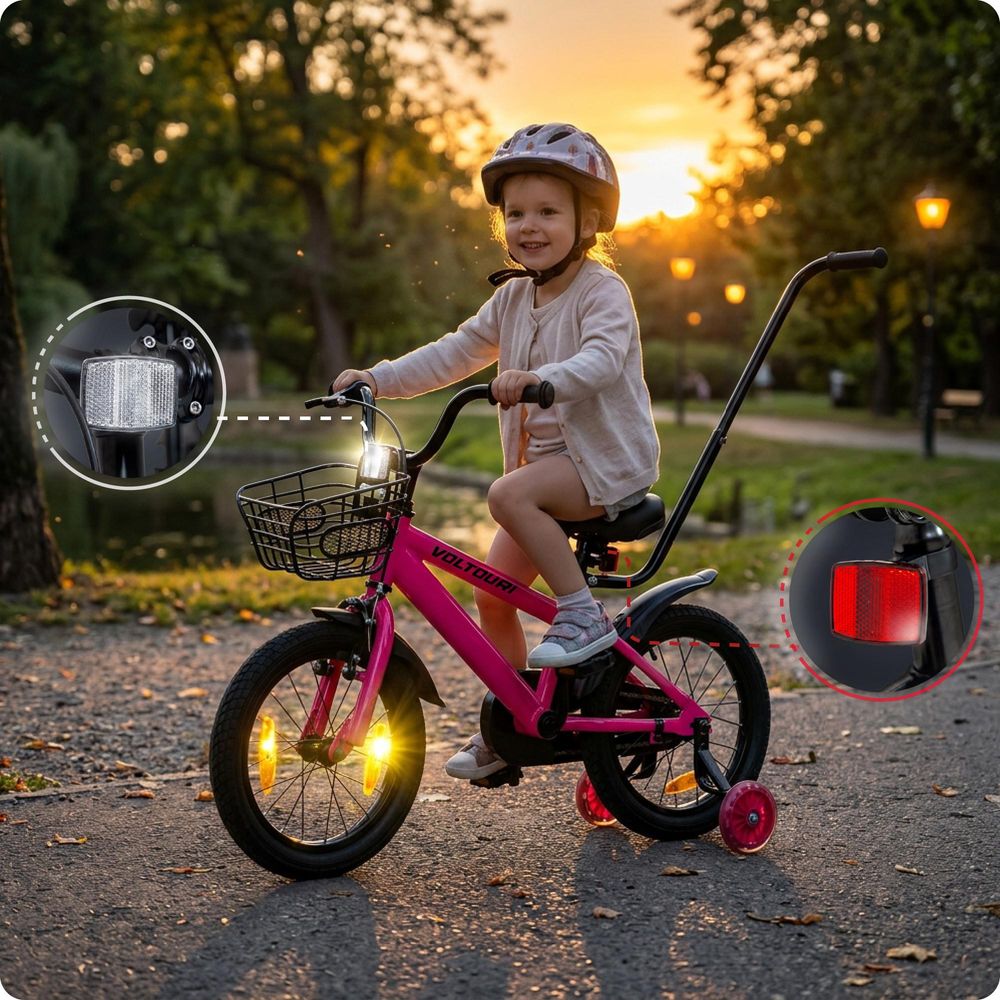 Kinderfahrrad 14 Zoll mit leuchtenden Stützrädern, Schiebestange und Korb – für Kinder 3–6 Jahre