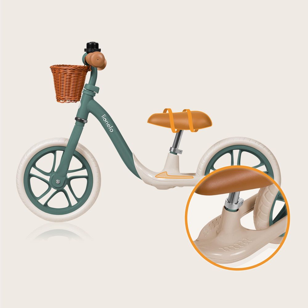 Lionelo Alex Plus Laufrad Kinder Fahrrad bis 30 kg Sattel und Lenker einstellbar 12 Zoll Eva Schaumräder Korb und Glocke Grün