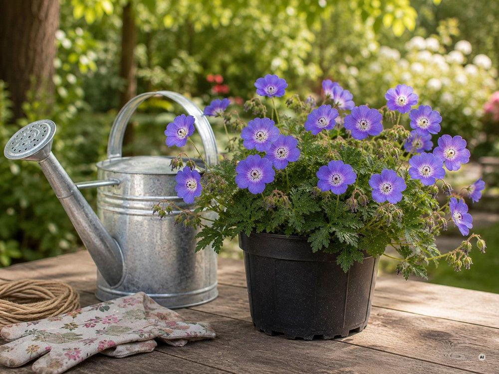 Geranium Rozanne Entwicklung: 1-Liter-Topf, erste Blüte, ausgewachsen, Herbst, Winter
