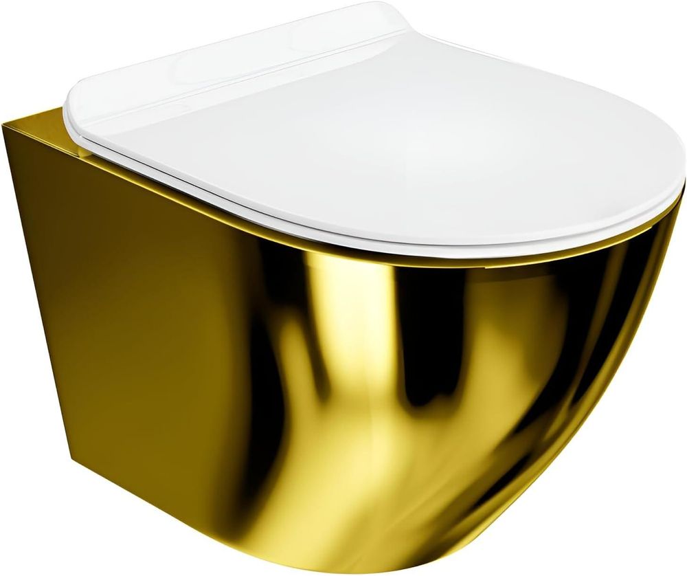 LAVITA Wand-WC Sofi Slim Gold/White | HŠnge Toilette | Toilettendeckel mit Absenkautomatik & Metallscharniere | Toiletten SpŸlrandlos HŠngend | Toilettenbecken | 365x490x395 cm | Wei§/Gold