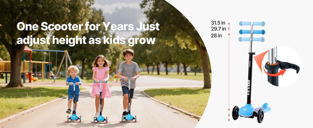 VEVOR Scooter (3 Räder) ab 3 Jahren, Cityroller Kinderroller mit leuchtenden Rädern & höhenverstellbarem Lenker & rutschfestem Deck & leichtem Aluminiumrahmen, Tretroller bis zu 75 kg, Blau