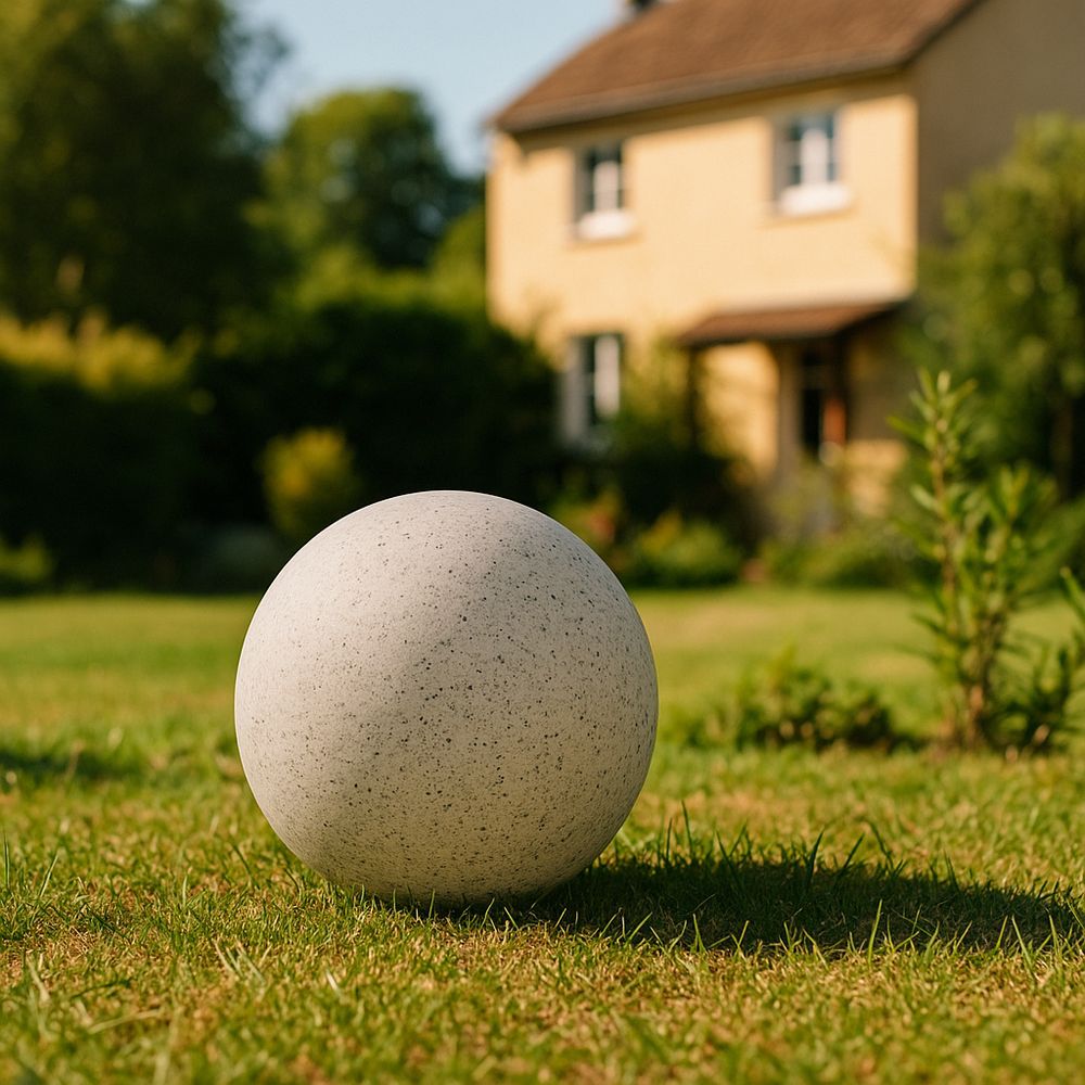 Gartenkugel, natürliche Steinoptik, auf Rasen vor dem Haus.
