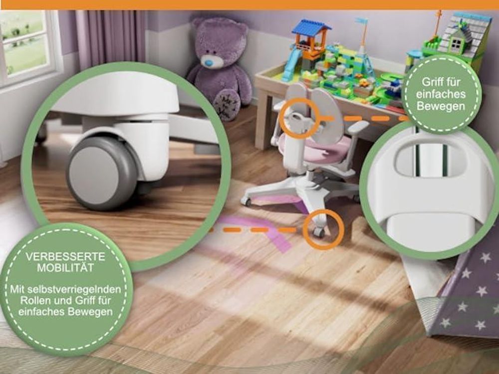 HOKO Kinderschreibtisch-Set höhenverstellbar mit Kinderstuhl, 120x60 cm Arbeitsfläche für Kinder ab 6 Jahren, Holzoptik-Rosa, CELIN & ANKE