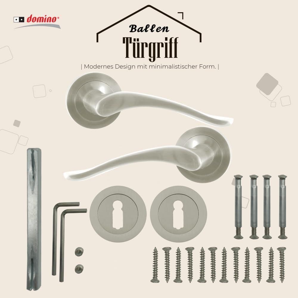 DOMINO Türgriff Drückergarnitur BB-Buntbart Set | Rund BB Rosette | Türklinke für Zimmertür, Bürotür, Kellertür & Innentür | Türbeschläge aus Aluminium | Nickel Türdrückergarnitur | BALLEN-R M9