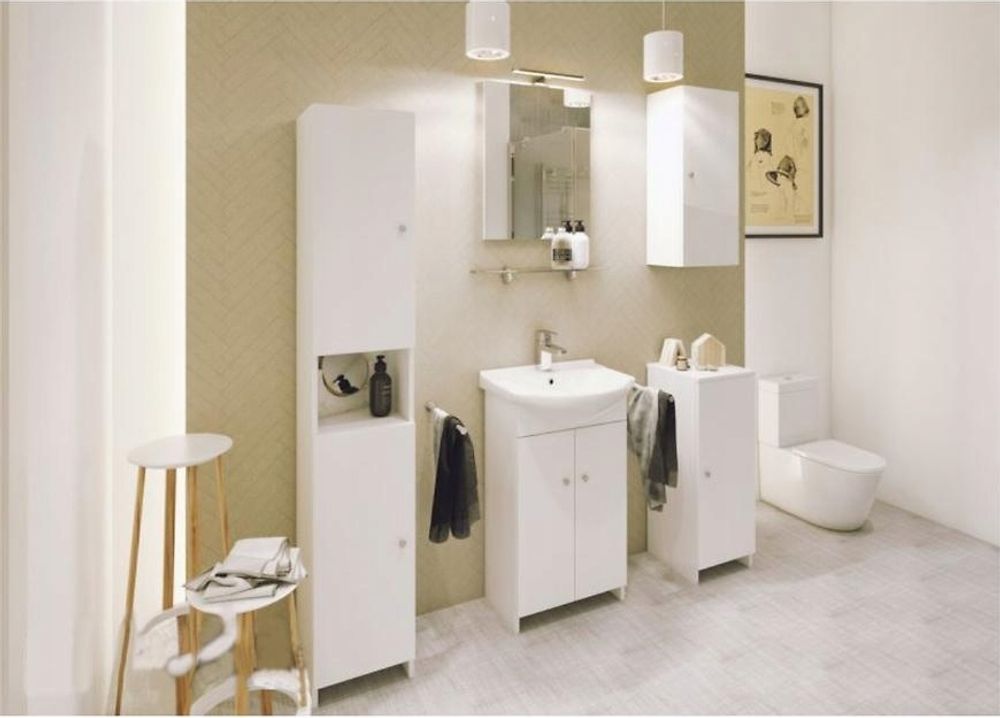 Stamar | Badezimmerschrank, mit Waschbecken, 50 cm, Weiß, Standschrank, schwenkbarem Wasserhahn, Siphon