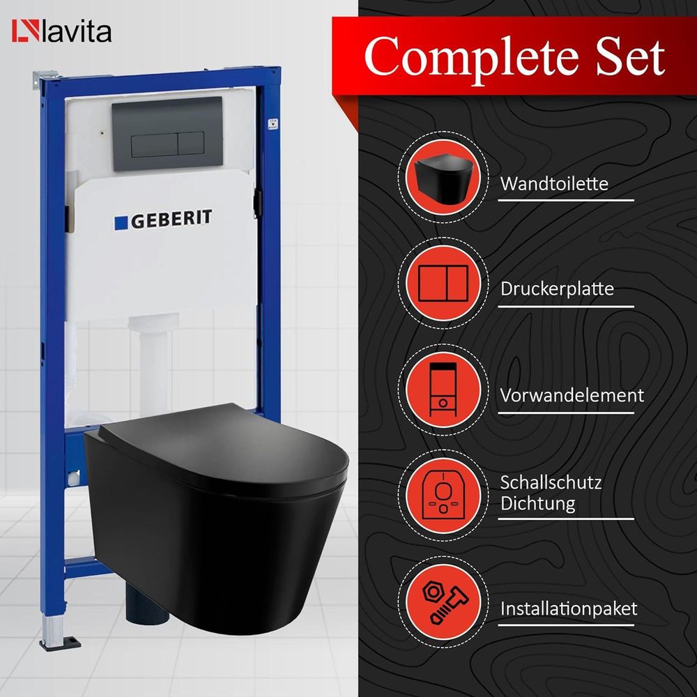 Lavita WC Set: Duofix Basic Vorwandelement + Lavita Wand Tiefspül WC Versoni Weiß Spülrandlos Tornado Spülsystem + WC Sitz mit Absenkautomatik