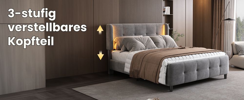 MODFU Polsterbett Funktionelles 140x200 mit Matratze,Doppelbett Jugendbett mit 16-farbiger LED-Beleuchtung und Verstellbares Kopfteil,Samt,Grau