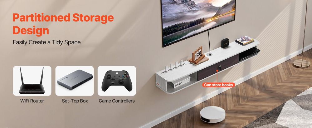 VEVOR TV-Schrank Wandhalterung, Schwebender Fernsehständer mit Stauraum für DVD-Player, Kabelbox, Spielekonsole, Wandschrank belastbar 52 kg, Weiß, Länge 140 cm