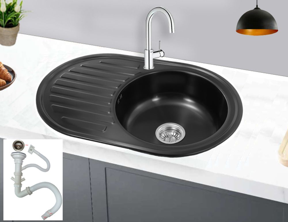 Preero-77x50x18, Küchenspüle schwarz Edelstahl 304, 0,8mm, Küchenspüle,Einbauspüle, Spülbecken,rund, oval mit Ablage ,1 Becken,Spüle