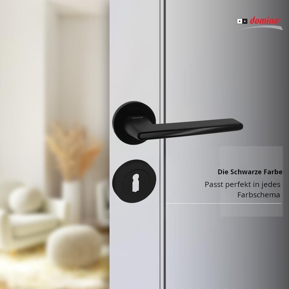 DOMINO Türgriff Drückergarnitur BB-Buntbart Set | Rund-Rosette | Türklinke für Bürotür, Kellertür & Innentür | Türbeschläge aus Znal | Schwarz Türdrückergarnitur | ONYKS-R SCHWARZ