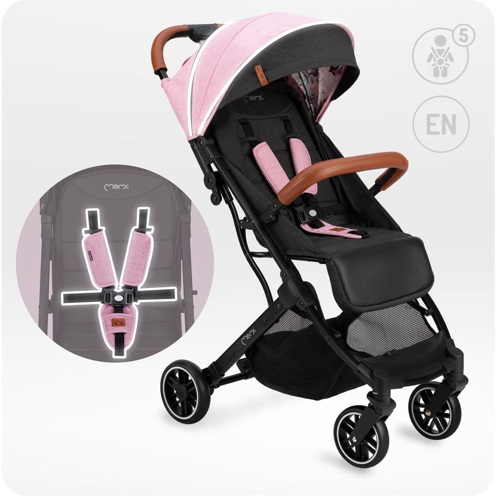 MoMi ESTELLE – Ultraleichter Baby Kompaktbuggy 7,7 kg mit Einhand-Faltung, Trolley-Funktion & Liegeposition, ideal für Reisen – Rosa/Schwarz