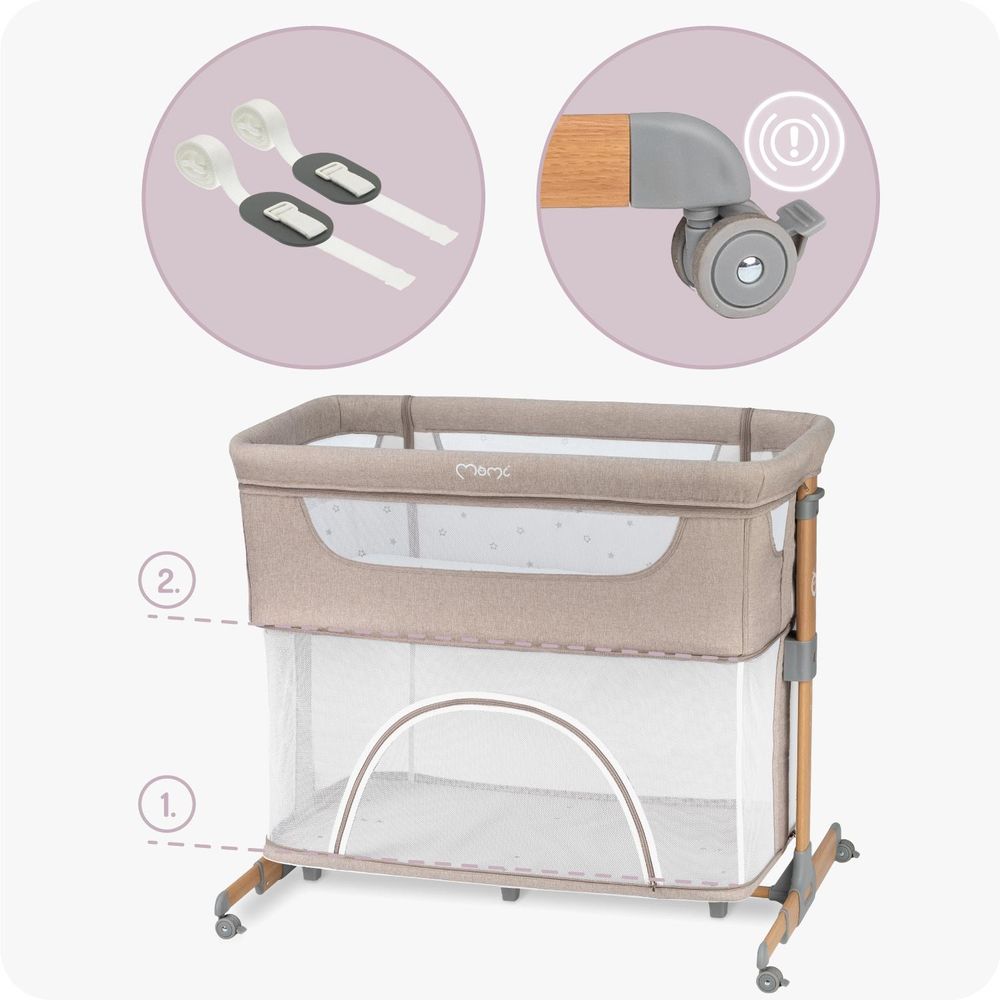 MoMi SMART BED – 4-in-1 Beistellbett & Reisebett, höhenverstellbar mit Neigefunktion, inkl. Matratze & Moskitonetz – Beige