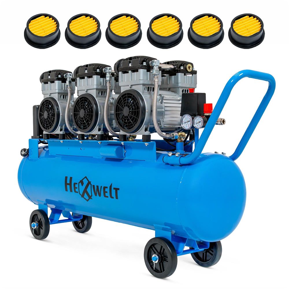 Compresseur sans huile HW-KBO-6T-100L - 100 L, 6 cylindres, 576 l/min, 8 bar, 3,3 kW, 230 V, cylindres en fonte, mobile pour atelier et industrie