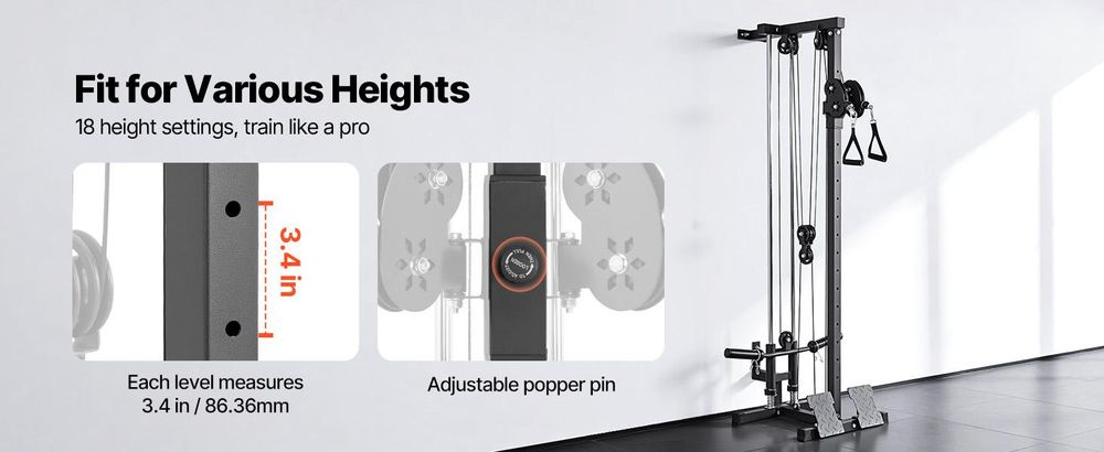 VEVOR LAT-Zugmaschine, 3-in-1 Ruder-Kabelmaschine, Kabelmaschinen für das Home Gym mit 18-stufiger Höhenverstellung, Wandmontage, Belastung 227 kg Lat-Turm für Ganzkörper-Workouts, Einarmtraining