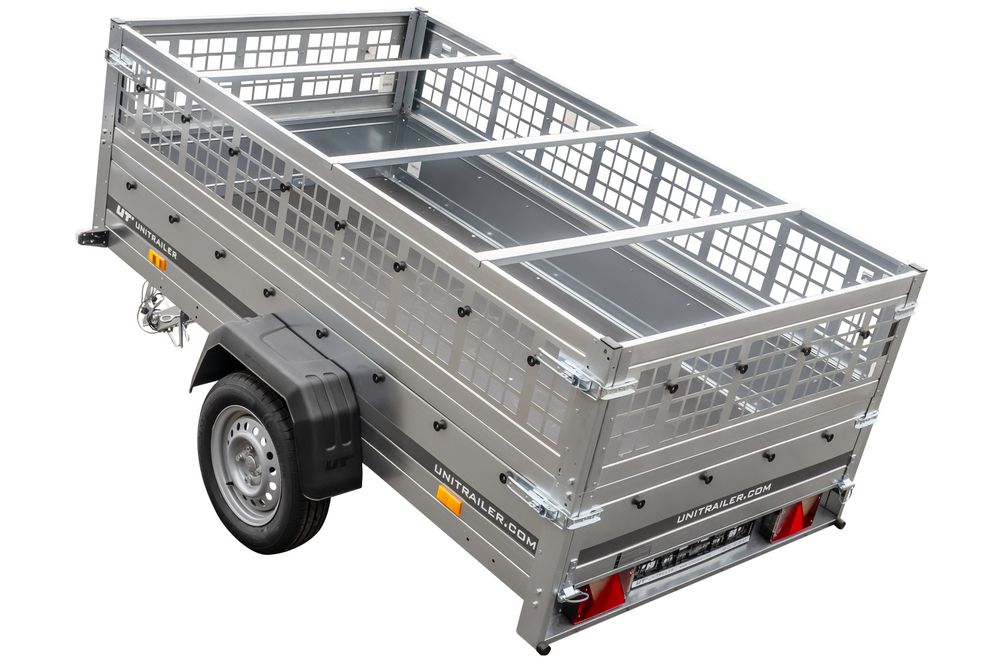 Pkw Transport Anhänger 230x125 Garden Trailer 230 KIPP mit Laubgitteraufsatz, blauer Flachplane, Planenträgern und Stützrad