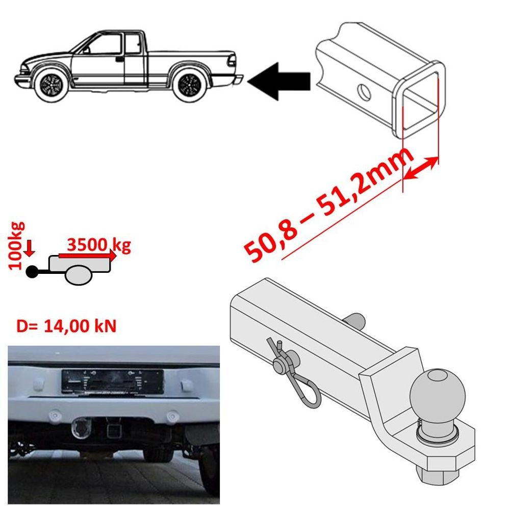 Adapter, 51x51 mm, für US-Normaufnahme 2", Anhängerkupplung, passend für US-Fahrzeuge